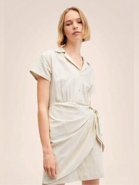 Mango Beige Linen/Cotton Mini Wrap Dress, sz M / US 6, new with tags
